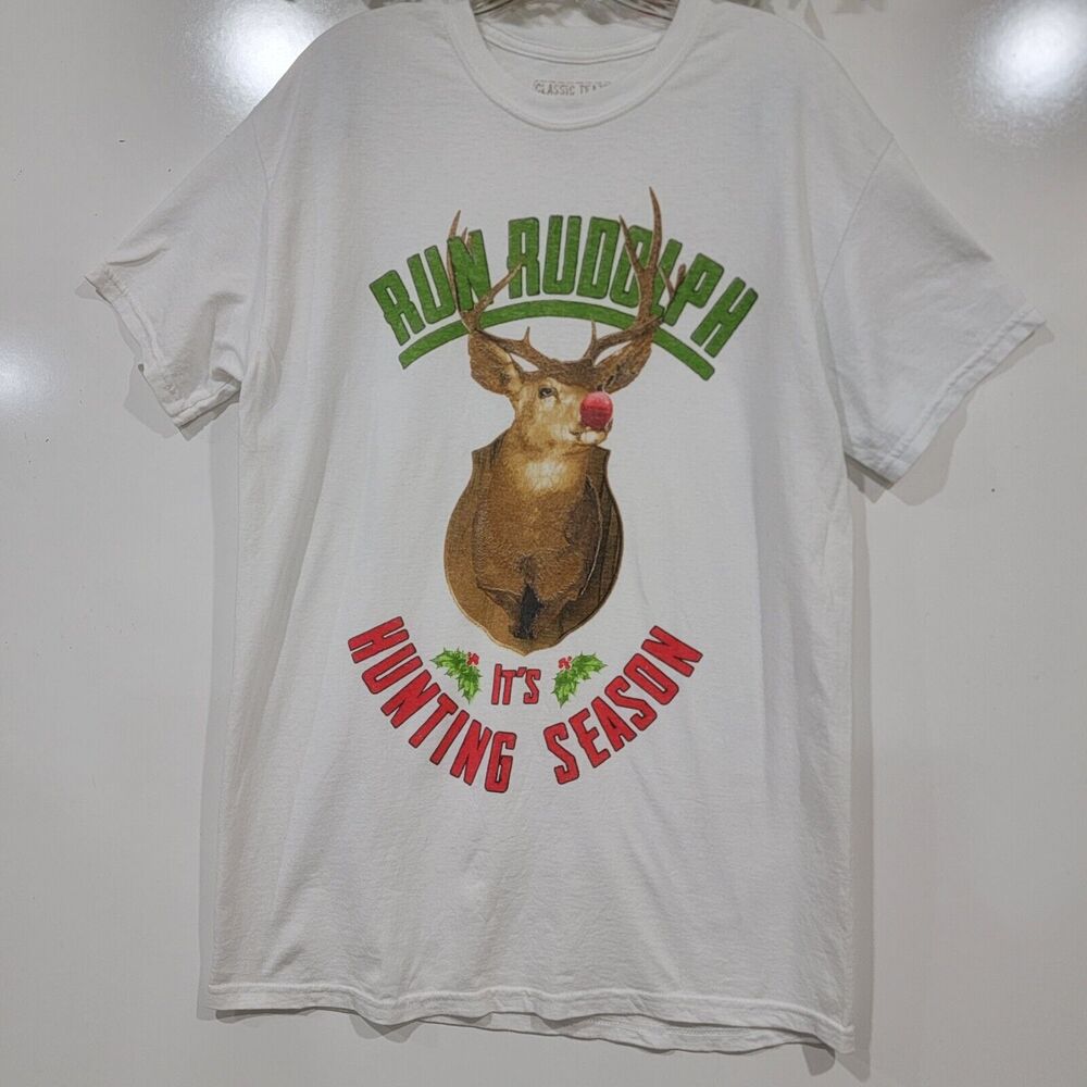Classic Teaze Medium Run Rudolph It's Hunting Season Christmas Tshirt Festive